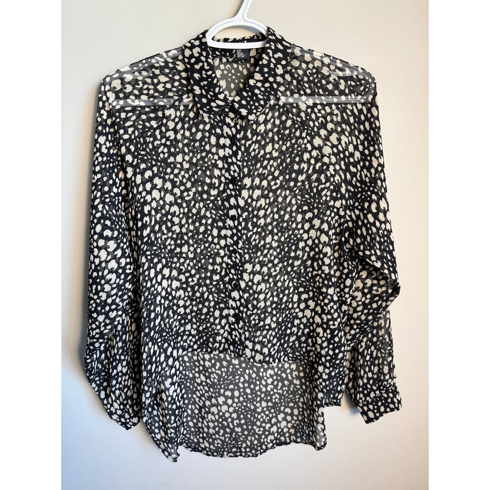 XXI Womens Black Cream Leopard Print Sheer High Low Blouse Small Boho Chic